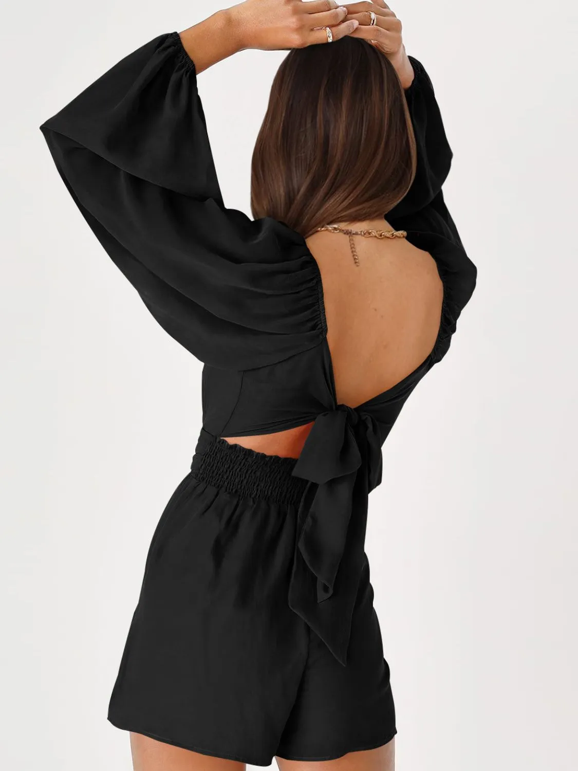 Balloon Sleeve Tie Back Romper