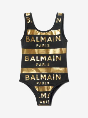 Balmain Girls Striped Logo Swimsuit in Black