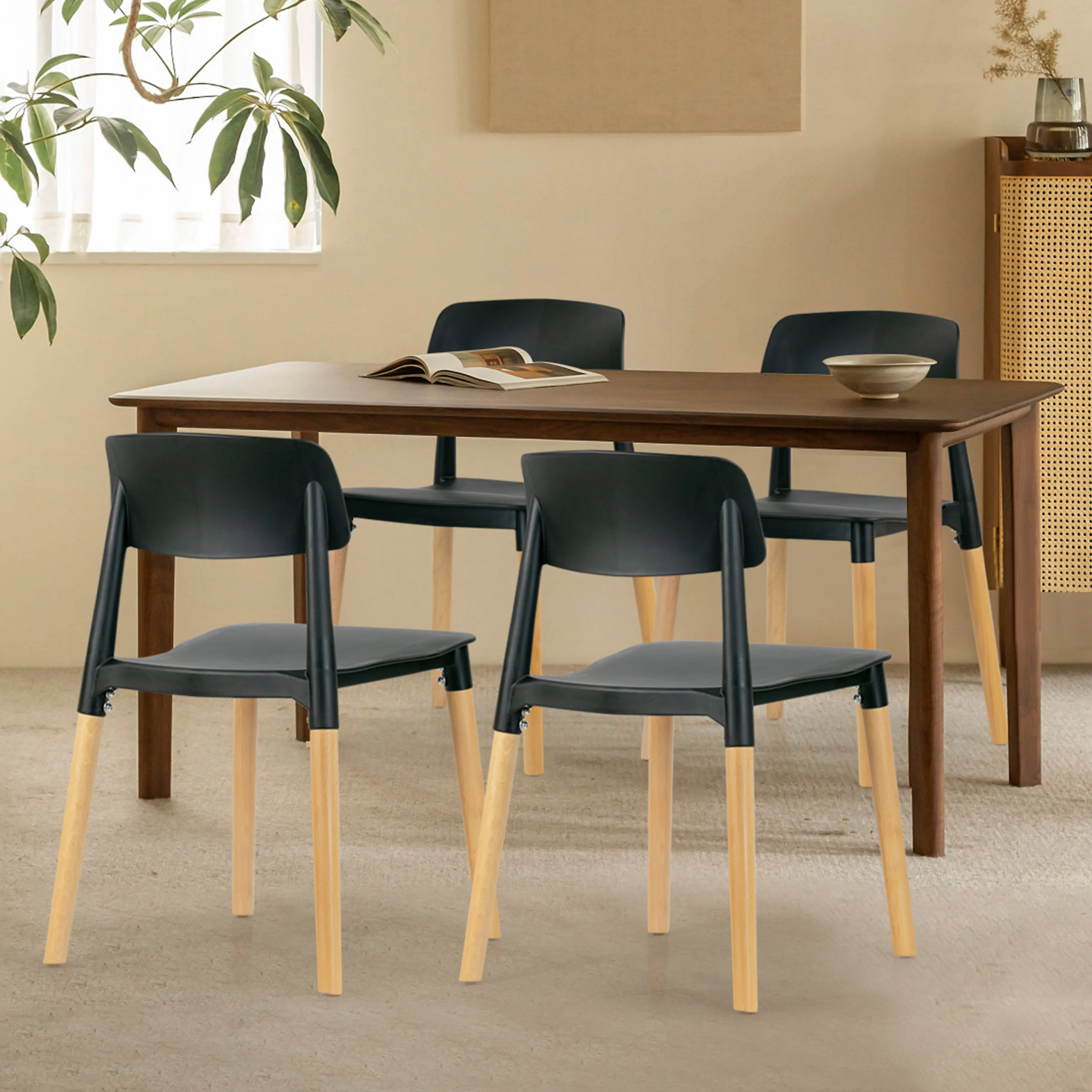 Balta Black Plastic Dining Chair with Wood Legs