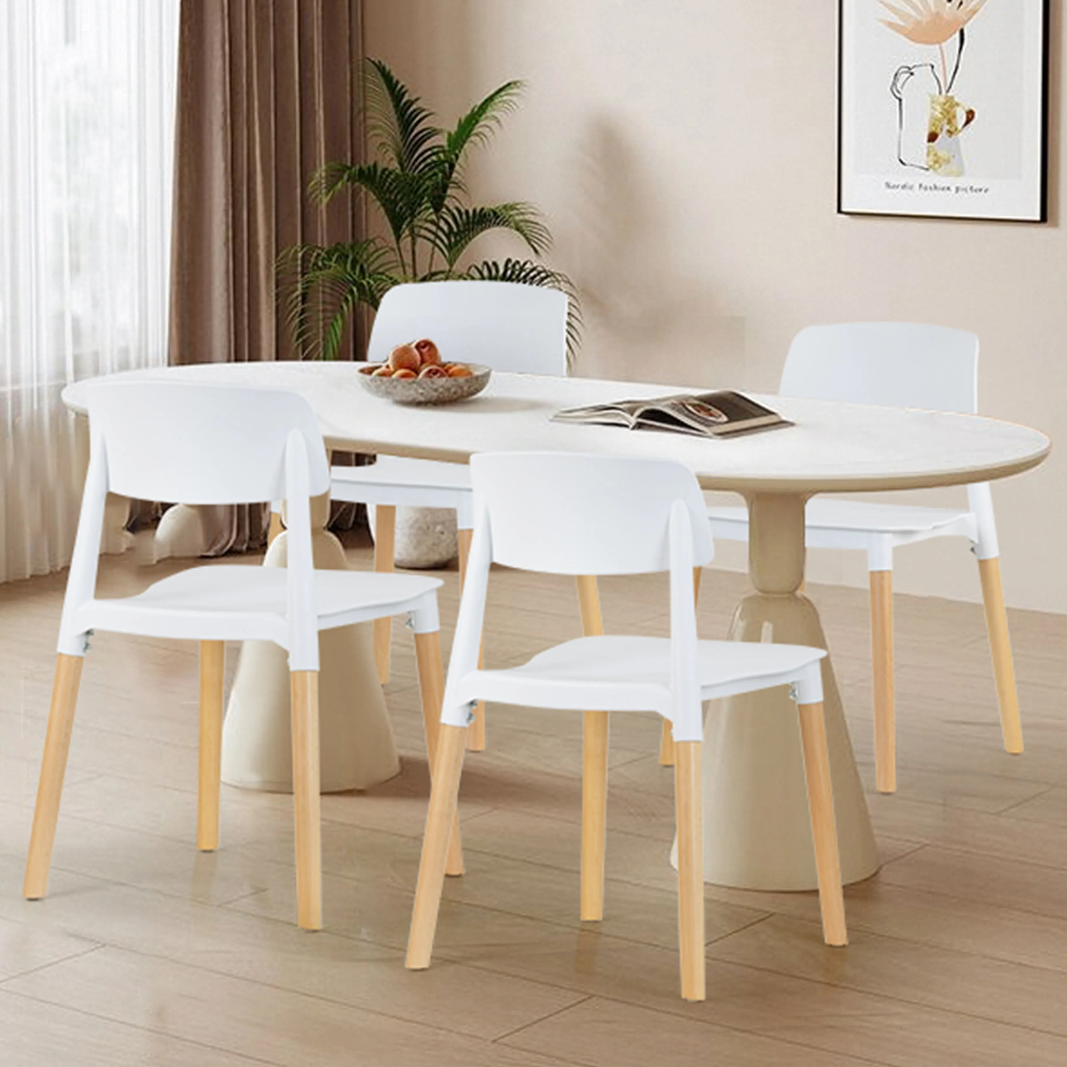 Balta White Plastic Dining Chair with Wood Legs