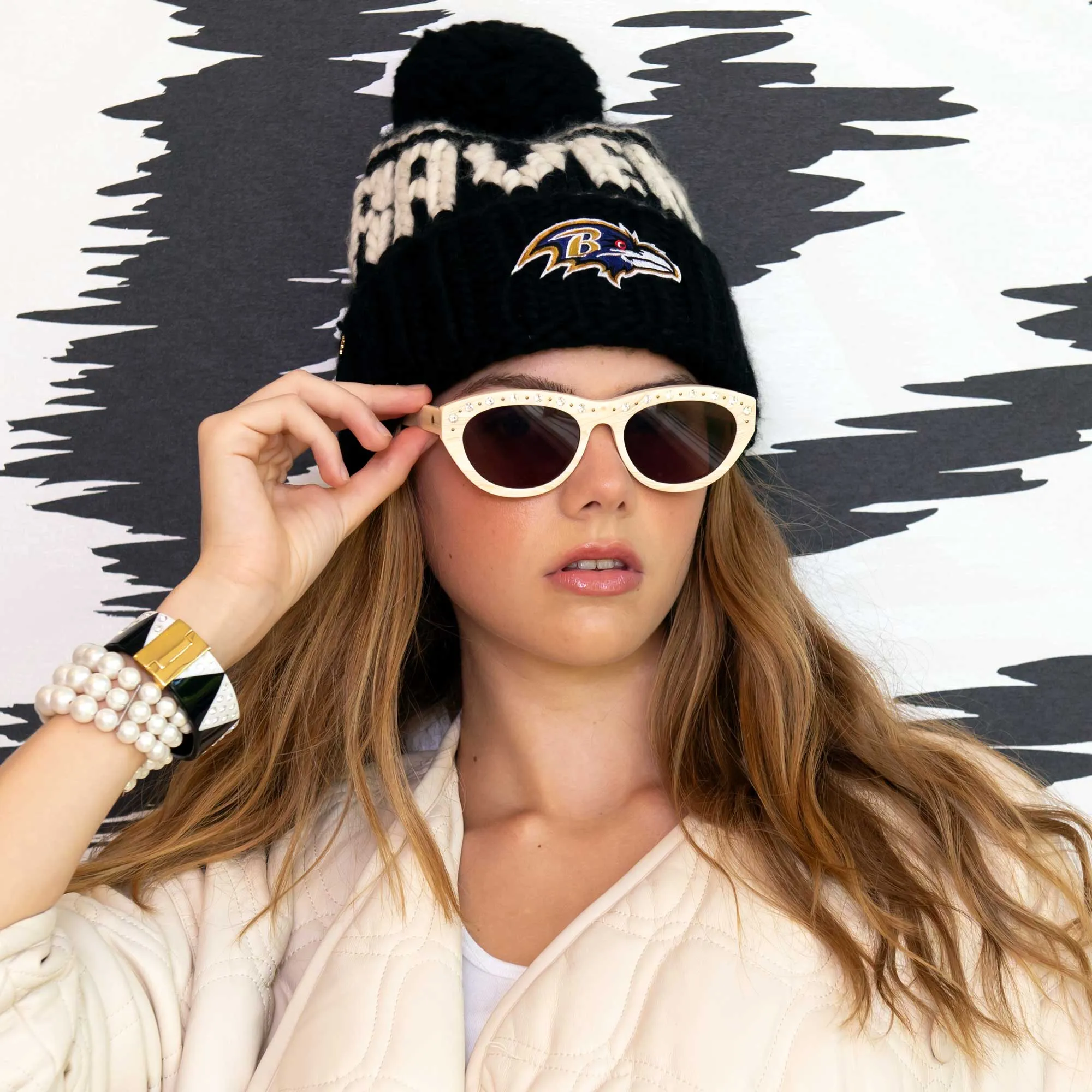 BALTIMORE RAVENS LELE SADOUGHI X NFL BLACK BEANIE YARN POM