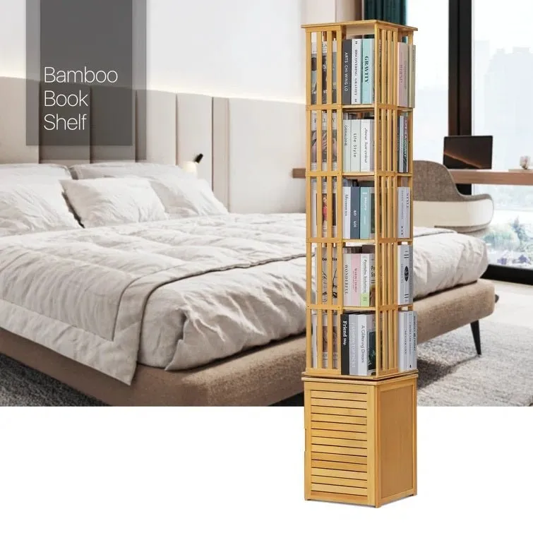 Bamboo 7 Tiers Open Bookcase with Door, Spinning Bookshelf Display Rack for Home