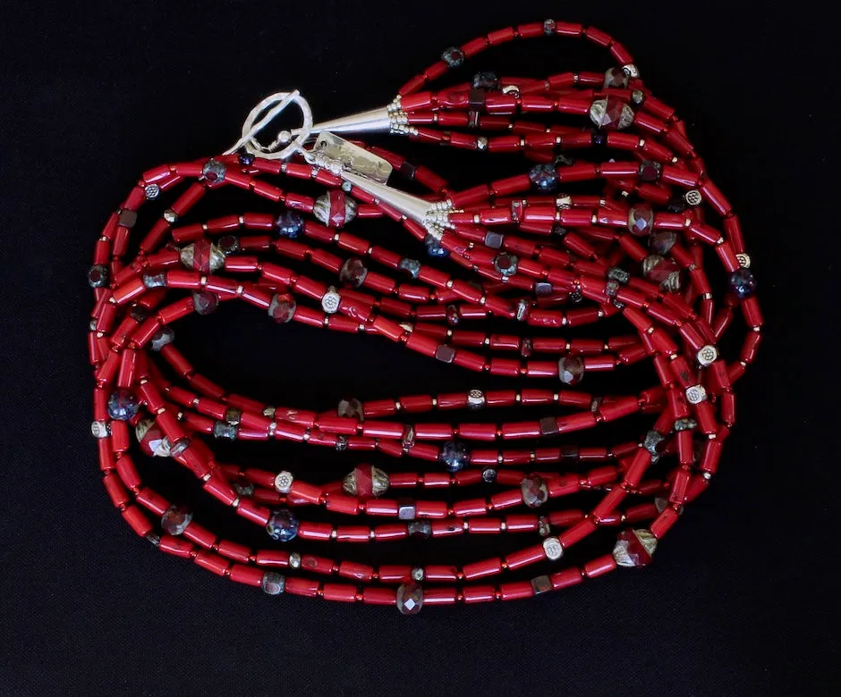 Bamboo Coral Cylinder Bead 8-Strand Necklace with Multi-Hued Czech Glass, and Sterling Silver Beads, Cones & Toggle Clasp