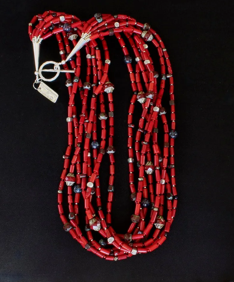 Bamboo Coral Cylinder Bead 8-Strand Necklace with Multi-Hued Czech Glass, and Sterling Silver Beads, Cones & Toggle Clasp