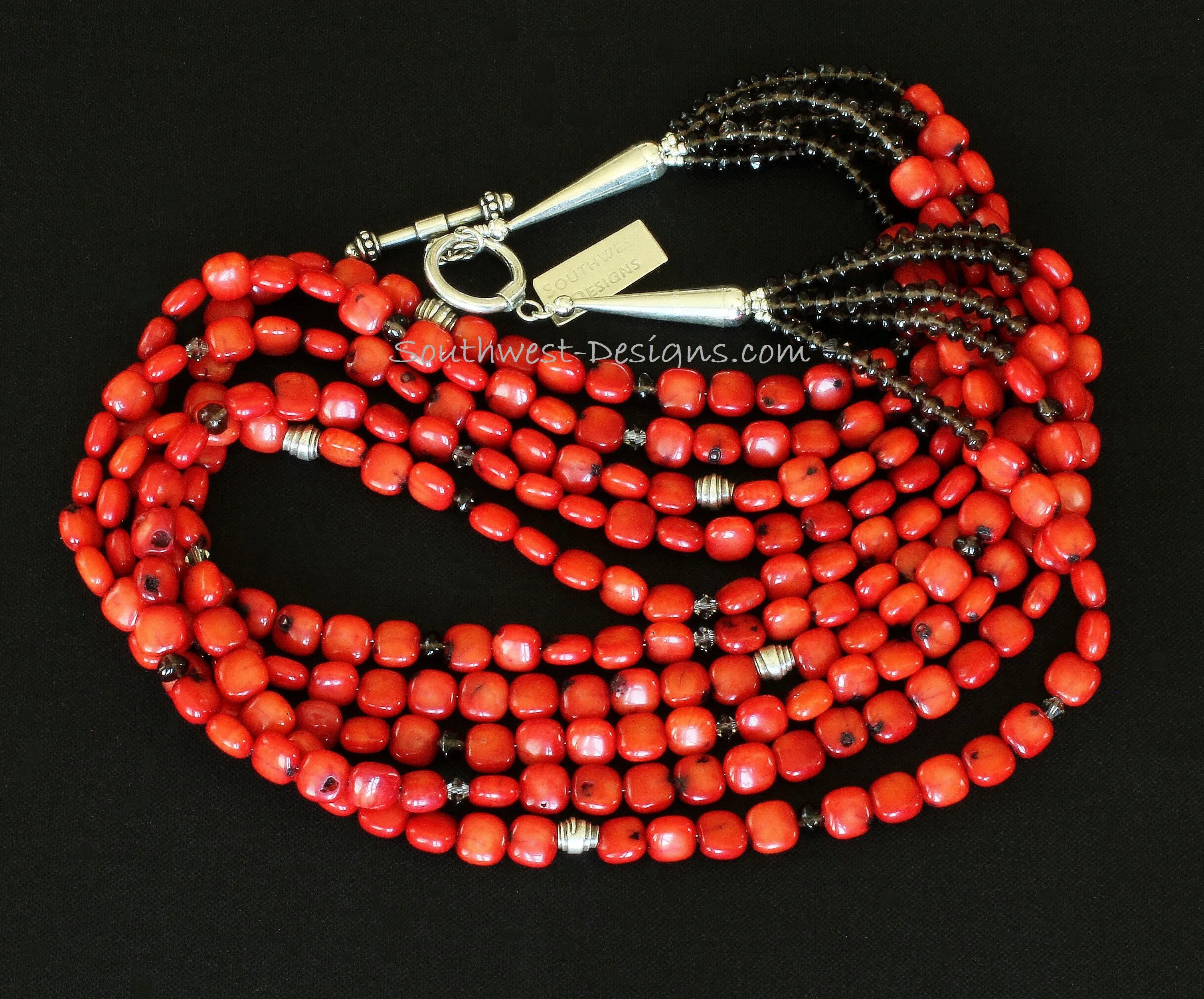 Bamboo Coral Pillows 5-Strand Necklace with Smoky Quartz Rondelles, Swarovski Crystal Bicones, and Sterling Silver Wrapped Cylinders & Toggle Clasp