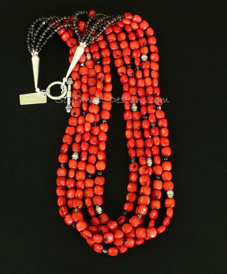 Bamboo Coral Pillows 5-Strand Necklace with Smoky Quartz Rondelles, Swarovski Crystal Bicones, and Sterling Silver Wrapped Cylinders & Toggle Clasp