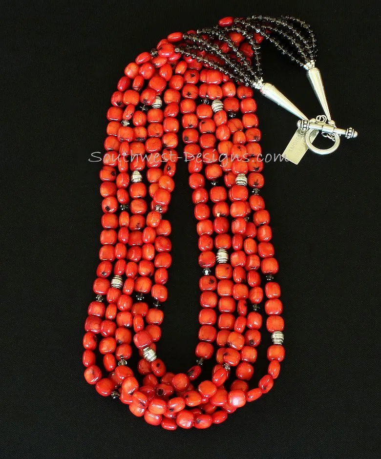 Bamboo Coral Pillows 5-Strand Necklace with Smoky Quartz Rondelles, Swarovski Crystal Bicones, and Sterling Silver Wrapped Cylinders & Toggle Clasp