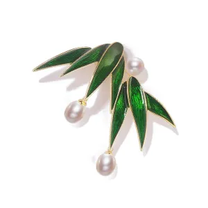 Bamboo Leaves in the Rain - Classic Bamboo Leaf Brooch Pin Adorned with Freshwater Pearls