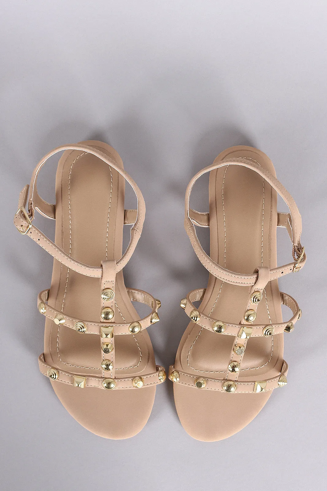 Bamboo Three T-Strap Studded Flat Sandal