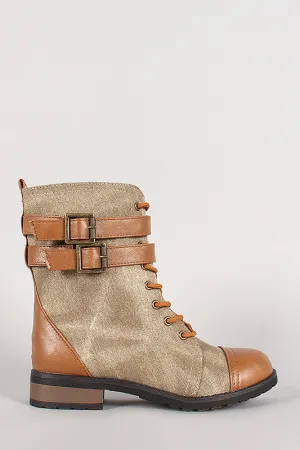 Bamboo Two Tone Double Buckle Lace Up Combat Boot