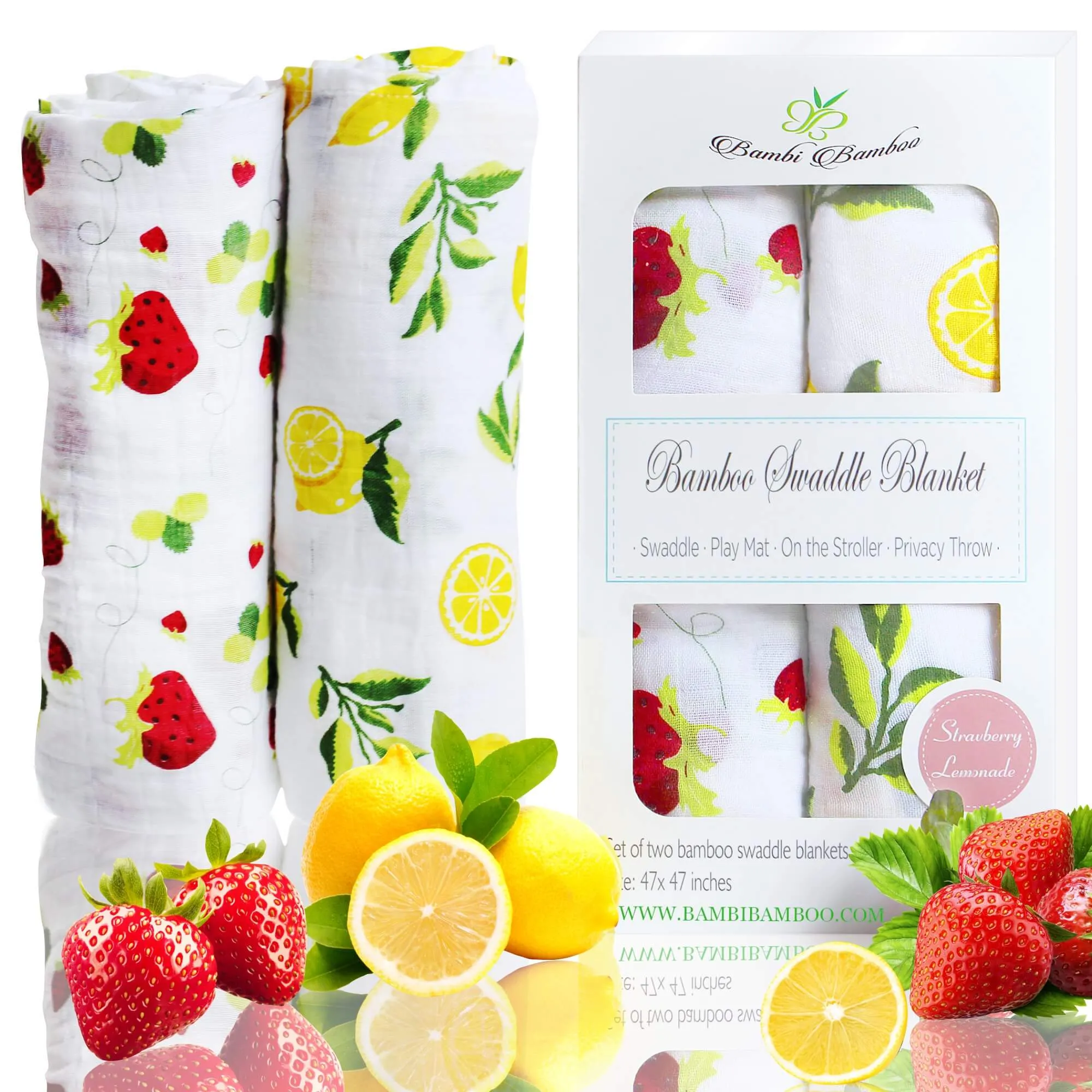 Bamboo Viscose Muslin Swaddle Blanket Set Of 2, Lemon And Strawberry Prints