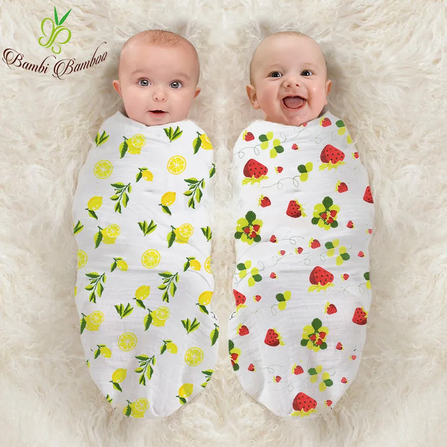 Bamboo Viscose Muslin Swaddle Blanket Set Of 2, Lemon And Strawberry Prints