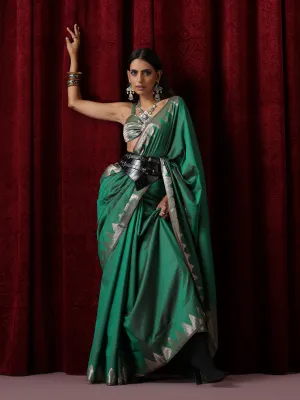 Banaras Green Temple Mul Mul Cotton Silk Saree with Blouse Fabric