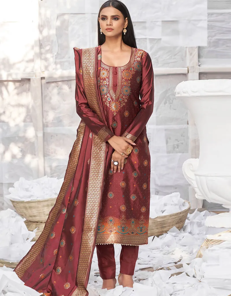 Banarasi Jacquard Maroon Salwar Kameez Suit Chudidar Bottom