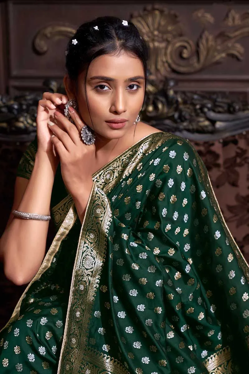 Banarasi Silk Fabric Dark Green Color Beautiful Look Saree