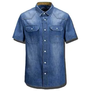 Band Collar Denim Dress Shirts for Men