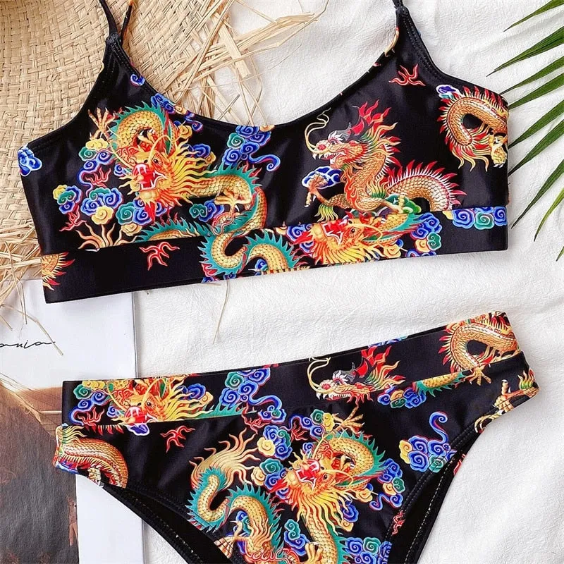 Bandeau high waist bikini Push up swimwear Dragon print sexy bikini set Retro swimsuit Bathing suit