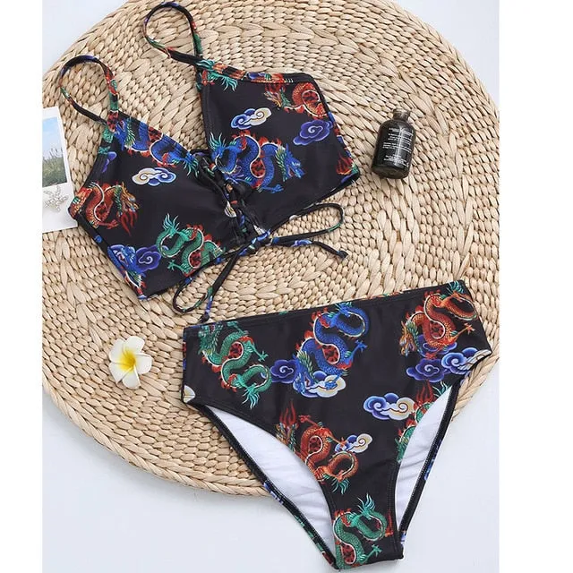 Bandeau high waist bikini Push up swimwear Dragon print sexy bikini set Retro swimsuit Bathing suit