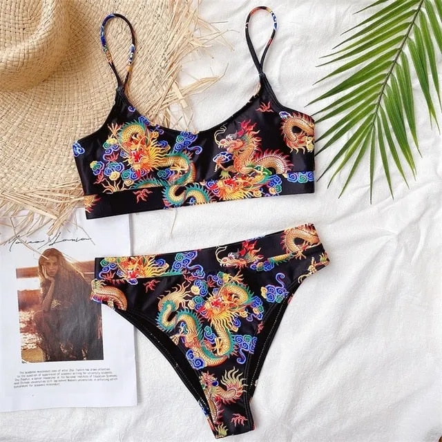 Bandeau high waist bikini Push up swimwear Dragon print sexy bikini set Retro swimsuit Bathing suit