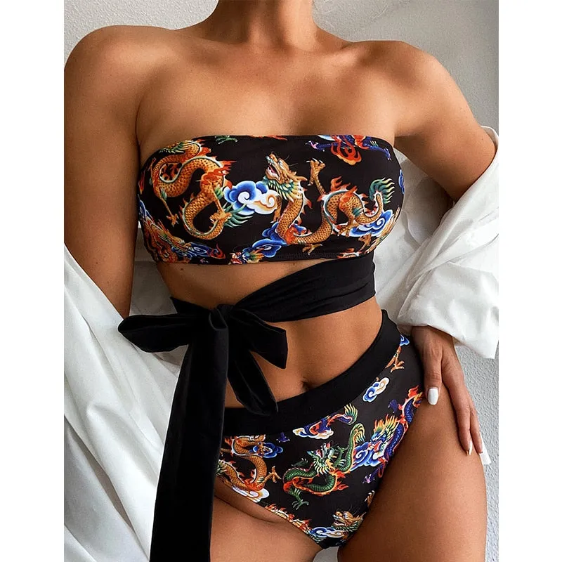 Bandeau high waist bikini Push up swimwear Dragon print sexy bikini set Retro swimsuit Bathing suit