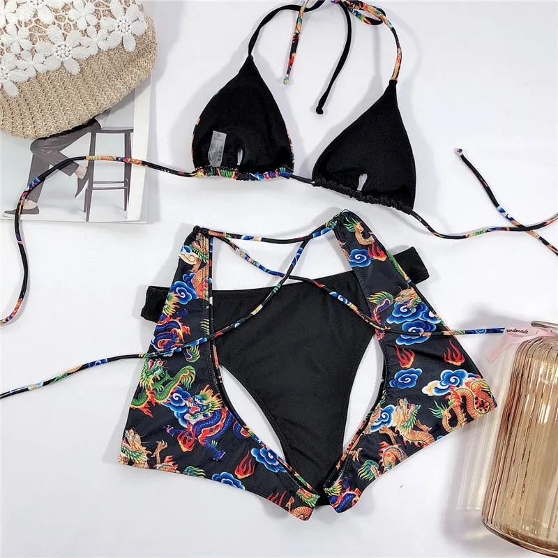 Bandeau high waist bikini Push up swimwear Dragon print sexy bikini set Retro swimsuit Bathing suit