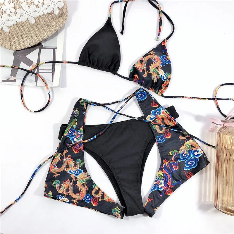 Bandeau high waist bikini Push up swimwear Dragon print sexy bikini set Retro swimsuit Bathing suit