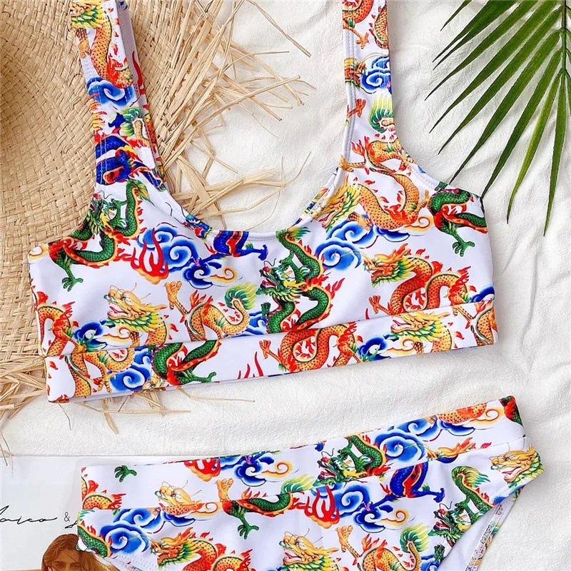 Bandeau high waist bikini Push up swimwear Dragon print sexy bikini set Retro swimsuit Bathing suit