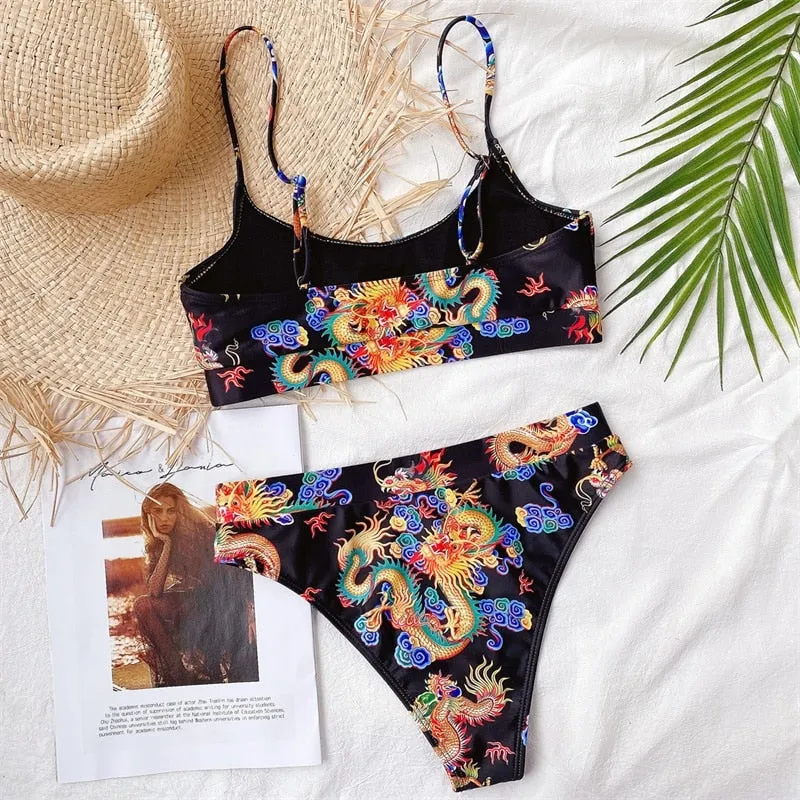 Bandeau high waist bikini Push up swimwear Dragon print sexy bikini set Retro swimsuit Bathing suit