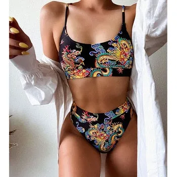 Bandeau high waist bikini Push up swimwear Dragon print sexy bikini set Retro swimsuit Bathing suit