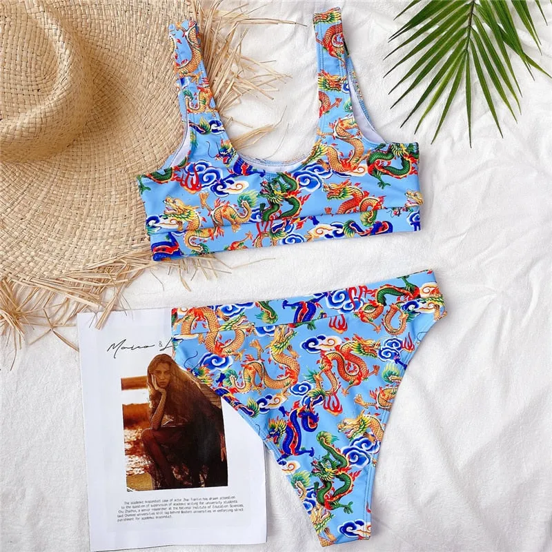 Bandeau high waist bikini Push up swimwear Dragon print sexy bikini set Retro swimsuit Bathing suit