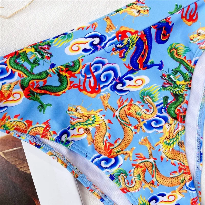 Bandeau high waist bikini Push up swimwear Dragon print sexy bikini set Retro swimsuit Bathing suit