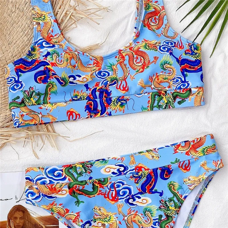 Bandeau high waist bikini Push up swimwear Dragon print sexy bikini set Retro swimsuit Bathing suit