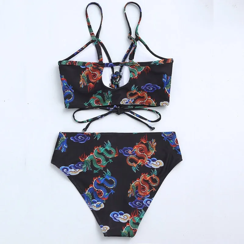 Bandeau high waist bikini Push up swimwear Dragon print sexy bikini set Retro swimsuit Bathing suit