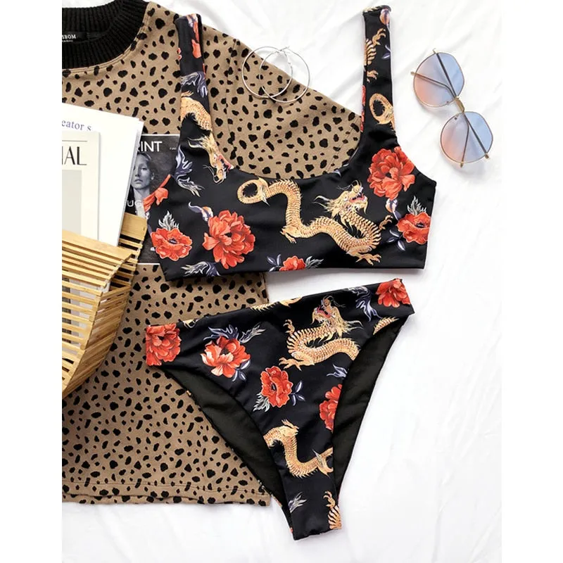 Bandeau high waist bikini Push up swimwear Dragon print sexy bikini set Retro swimsuit Bathing suit