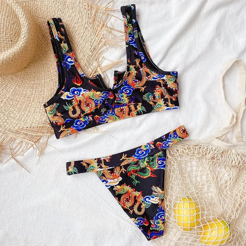 Bandeau high waist bikini Push up swimwear Dragon print sexy bikini set Retro swimsuit Bathing suit