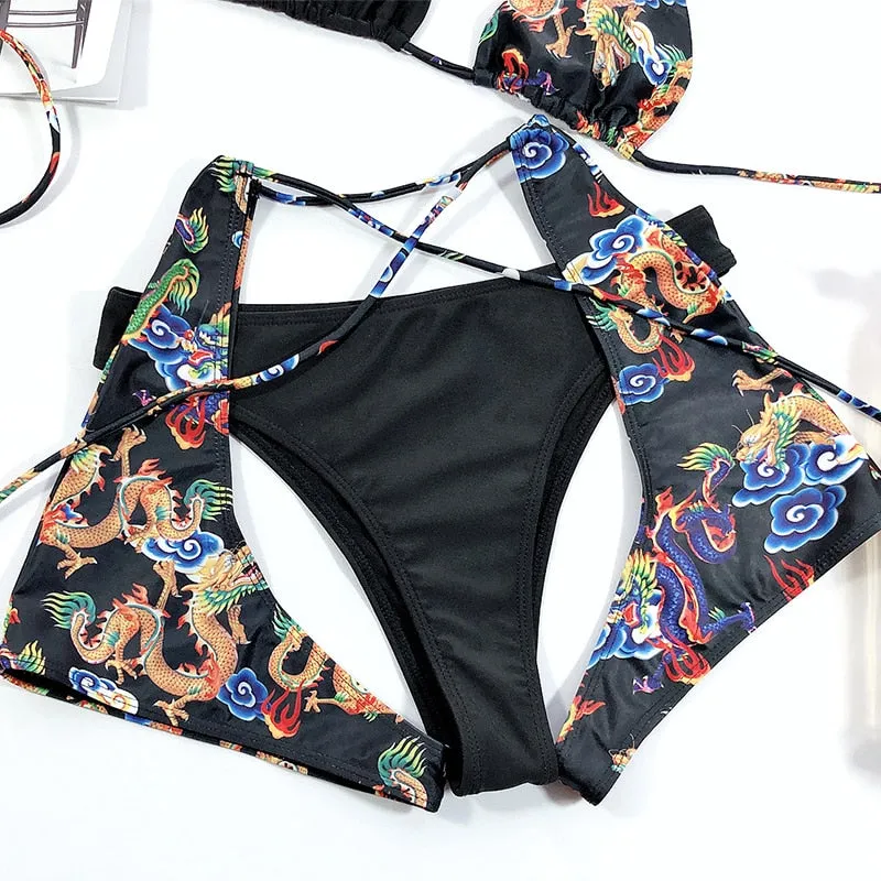 Bandeau high waist bikini Push up swimwear Dragon print sexy bikini set Retro swimsuit Bathing suit