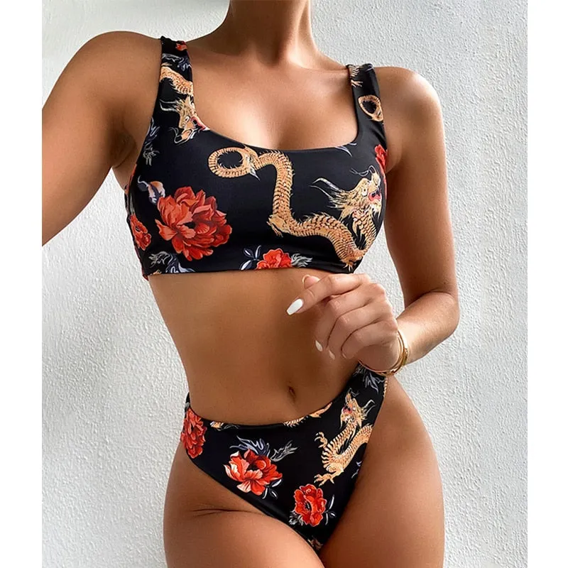 Bandeau high waist bikini Push up swimwear Dragon print sexy bikini set Retro swimsuit Bathing suit