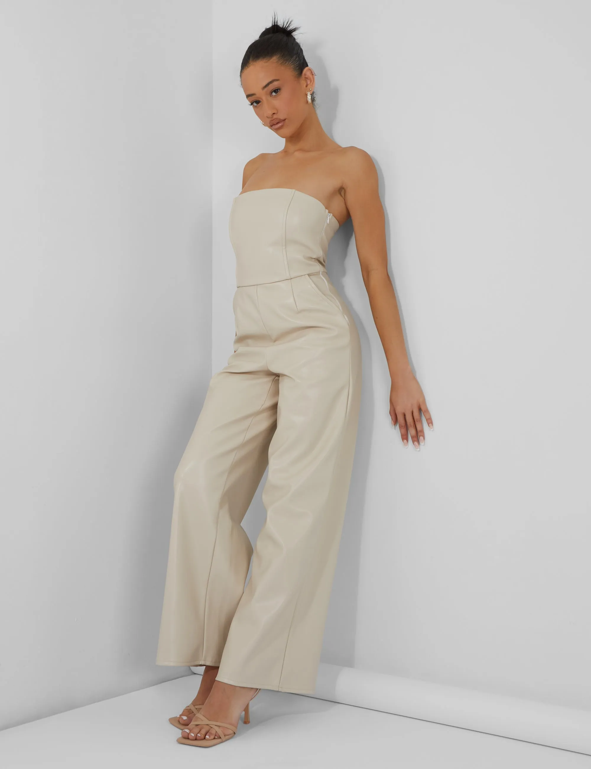 Bandeau Tailored Wide Leg Jumpsuit Stone