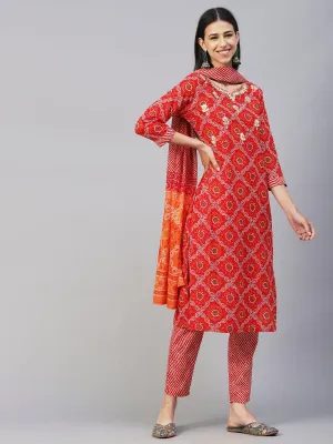 Bandhani Printed Gotapatti & Mirror Embroidered Kurta With Lehriya Pants & Dupatta - Red