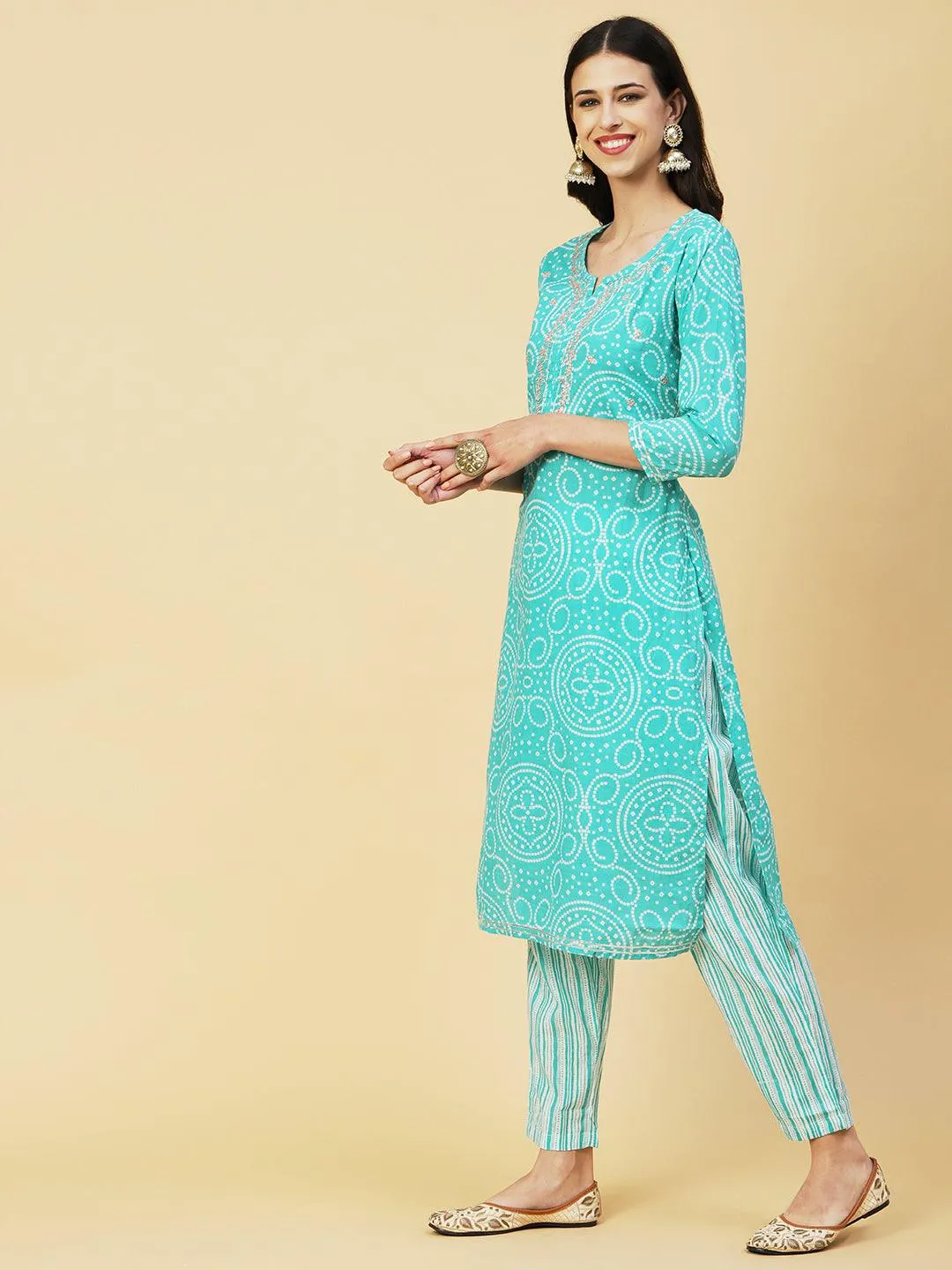 Bandhani Printed Zari Embroidered Kurta With Stripes Printed Pants - Sea Green