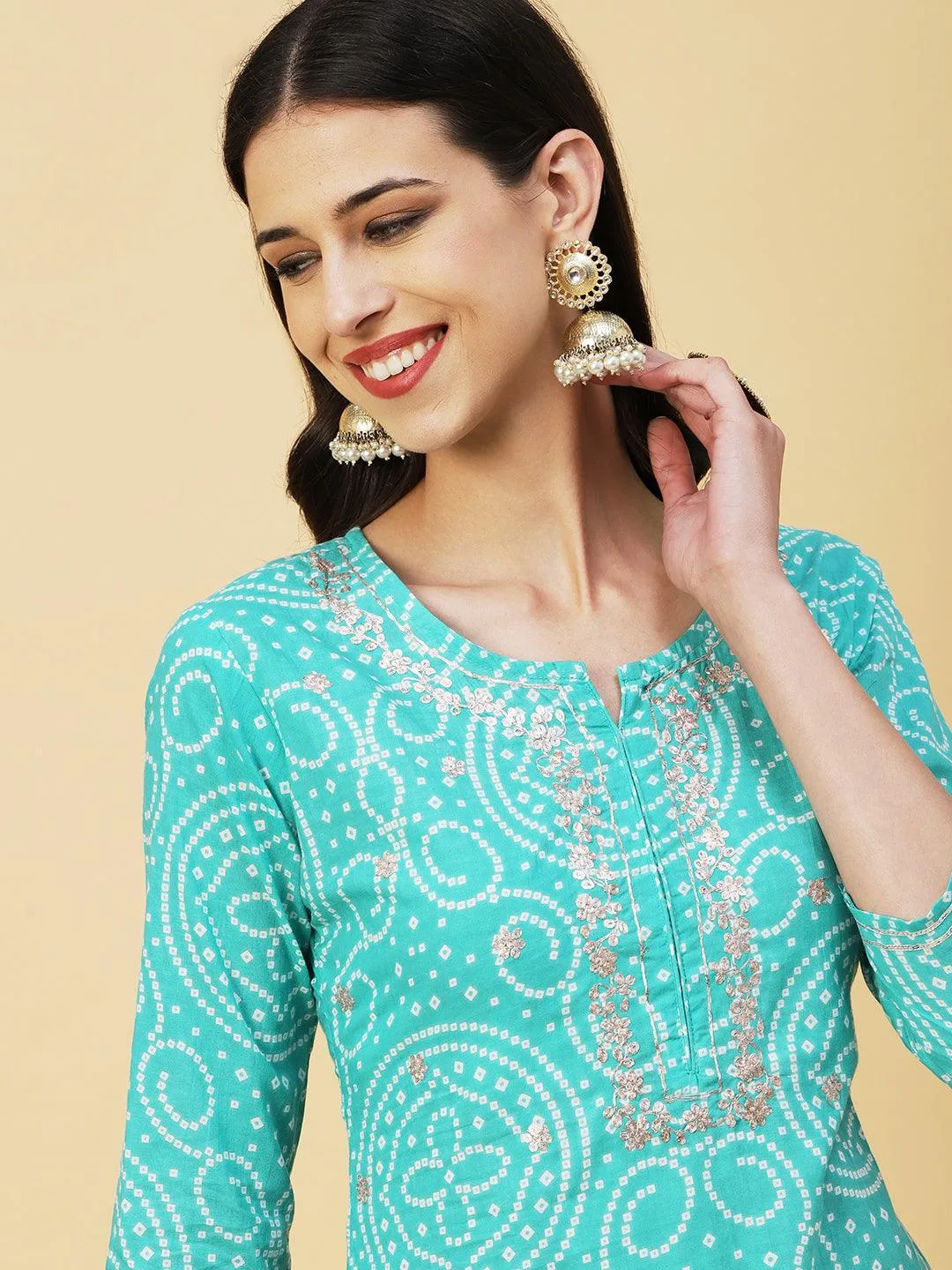 Bandhani Printed Zari Embroidered Kurta With Stripes Printed Pants - Sea Green