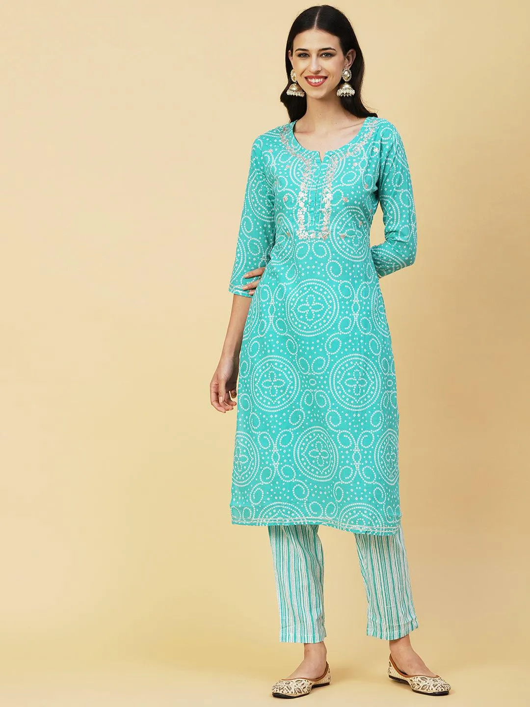 Bandhani Printed Zari Embroidered Kurta With Stripes Printed Pants - Sea Green