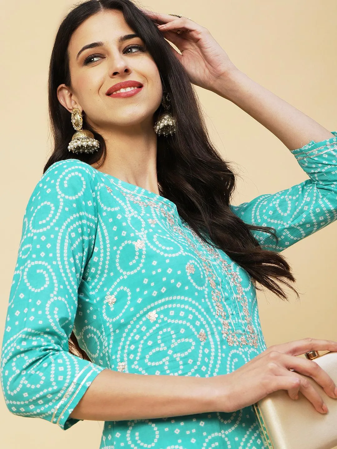 Bandhani Printed Zari Embroidered Kurta With Stripes Printed Pants - Sea Green