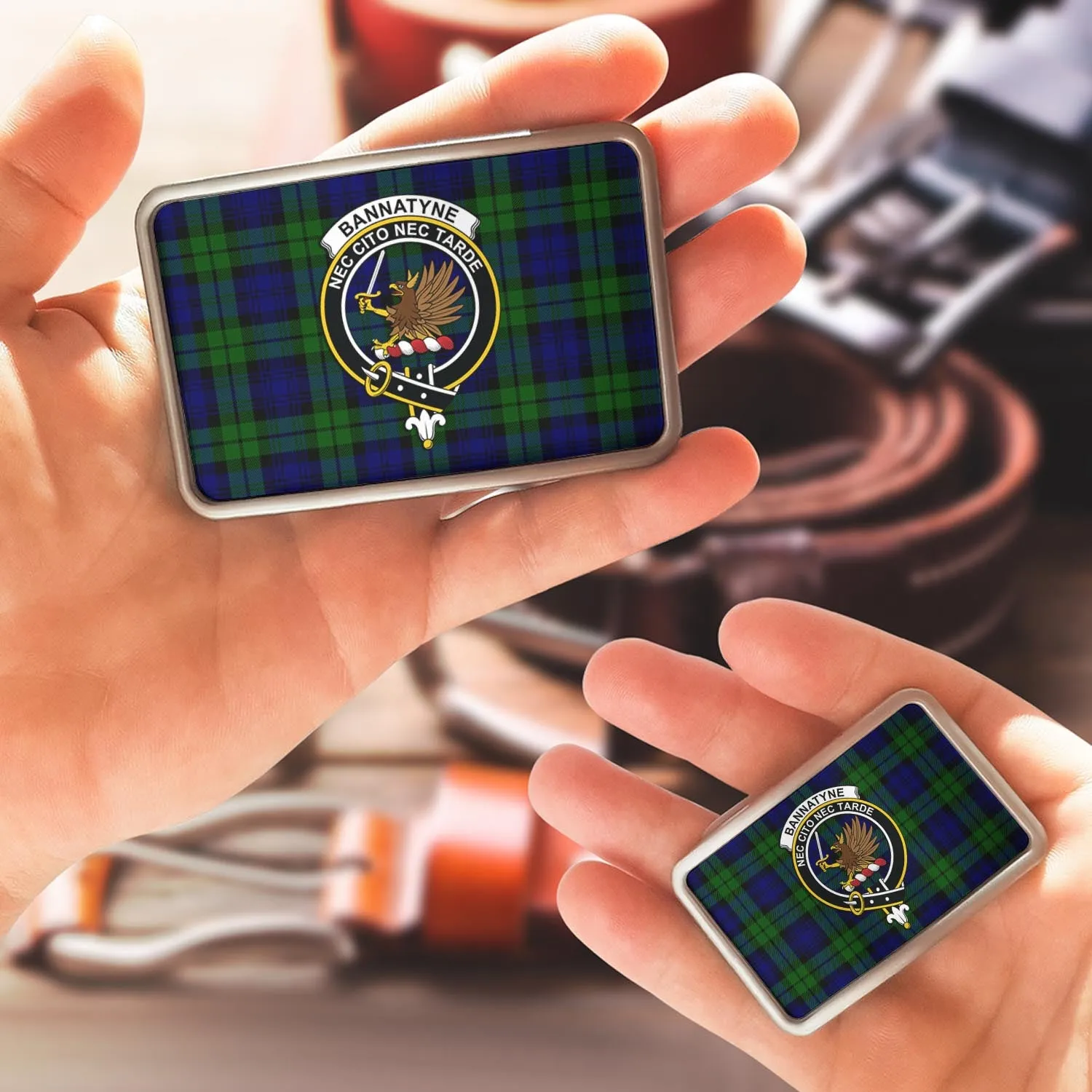 Bannatyne Tartan Belt Buckles with Family Crest