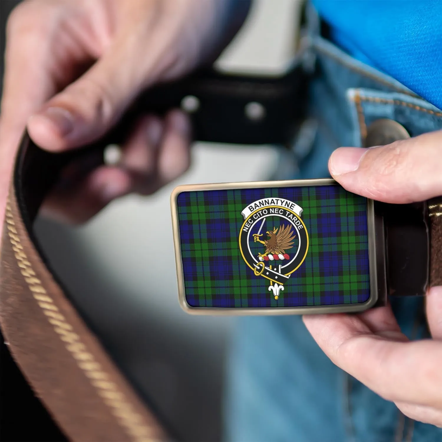 Bannatyne Tartan Belt Buckles with Family Crest