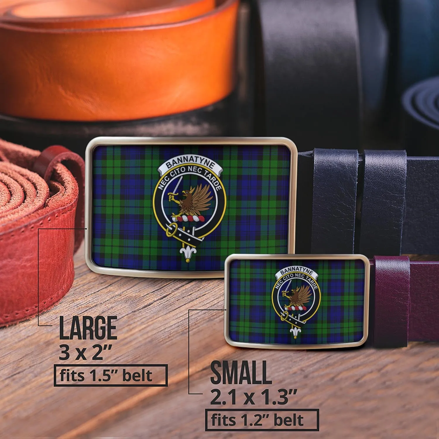 Bannatyne Tartan Belt Buckles with Family Crest