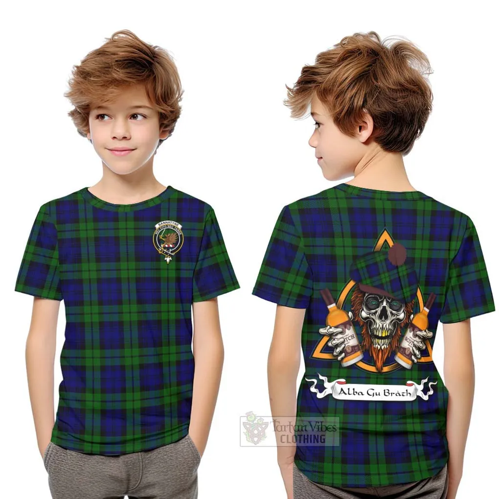 Bannatyne Tartan Kid T-Shirt with Family Crest and Bearded Skull Holding Bottles of Whiskey