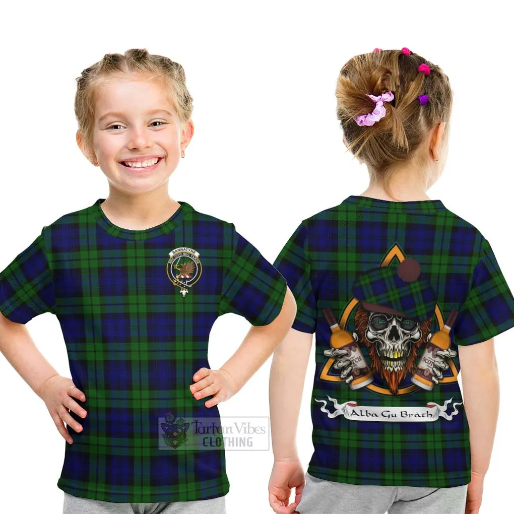 Bannatyne Tartan Kid T-Shirt with Family Crest and Bearded Skull Holding Bottles of Whiskey