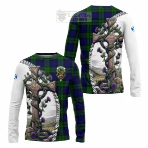 Bannatyne Tartan Long Sleeve T-Shirt with Family Crest and St. Andrew's Cross Accented by Thistle Vines