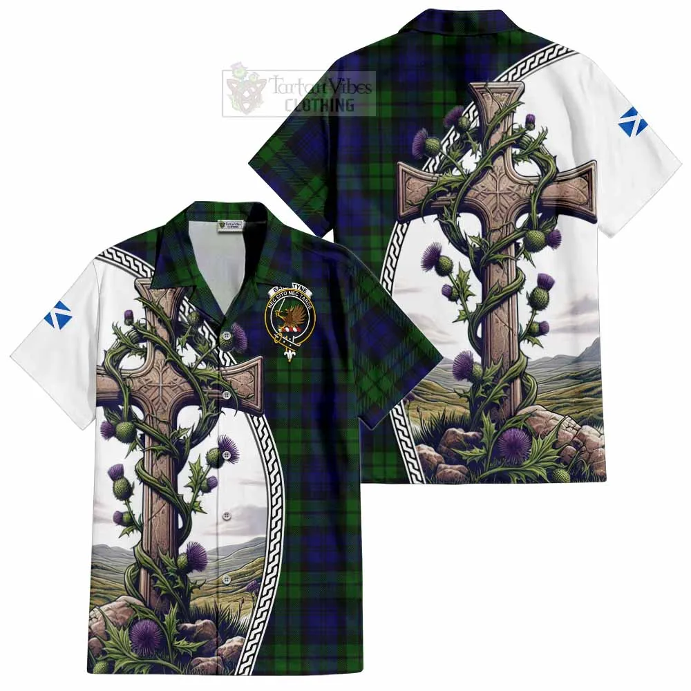 Bannatyne Tartan Short Sleeve Button Shirt with Family Crest and St. Andrew's Cross Accented by Thistle Vines